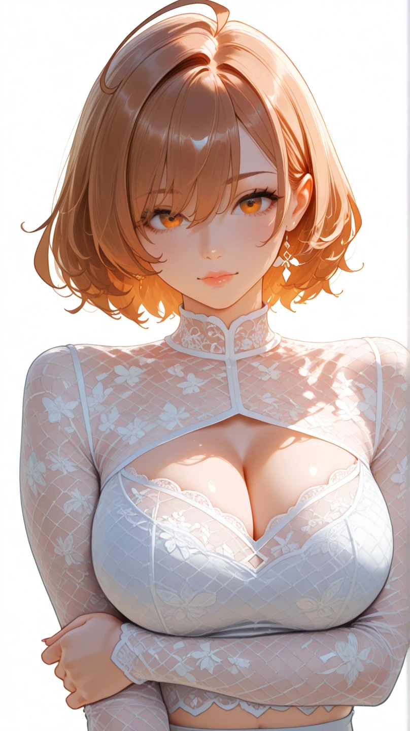 (masterpiece, best quality, (1girl:1.5), solo, intricate details, chromatic aberration), ((short wavy hair, bangs, (black eyes: 1.5), blunt bangs, orange hair, bob cut)), small earrings, sharp eyes, choker, (huge breasts: 1.2), cleavage, light smile, parted lips, (black crop top, thin material, jean shorts), open waist, (symmetry eyes), (perfect symmetrical body), night, (((natural light))), backlighting, against grey wall, look at viewer, (((centered shot, from front, face and waist))),