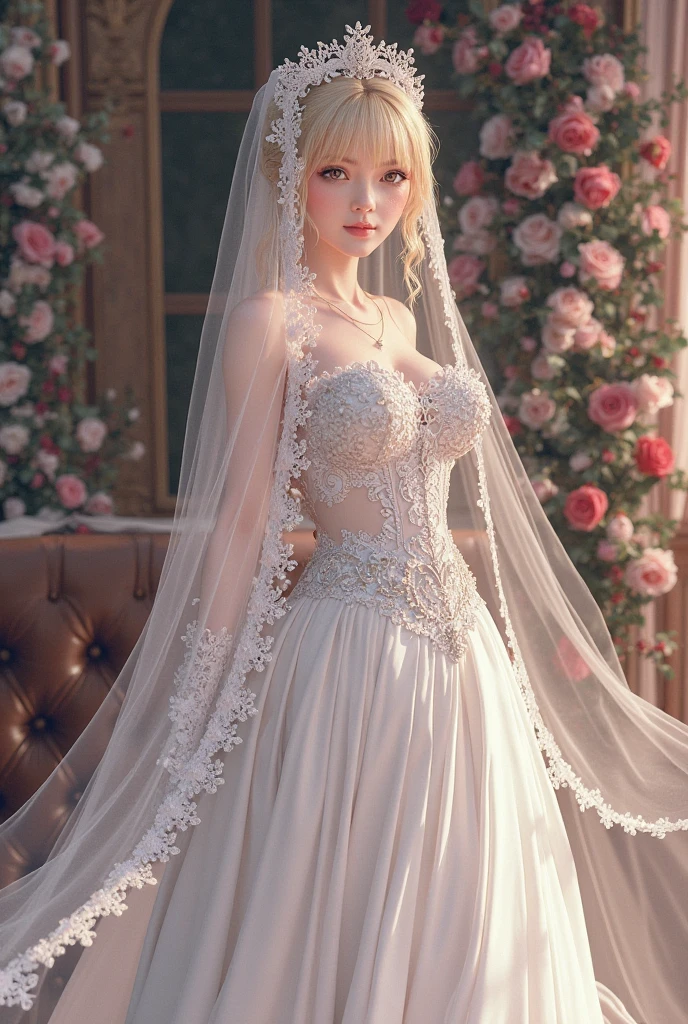 masterpiece,Highest quality,Very detailed,beautiful girl,Beautiful Prom Dresses,bride,Silver Tiara,Blonde,A lot of gems, teenager,Perfect Face,Beautiful and detailed eyes,Green Eyes,Beautiful Skin,skinny,Small breasts,Dynamic,Majestic church facade,Lots of flowers,Petals Fall