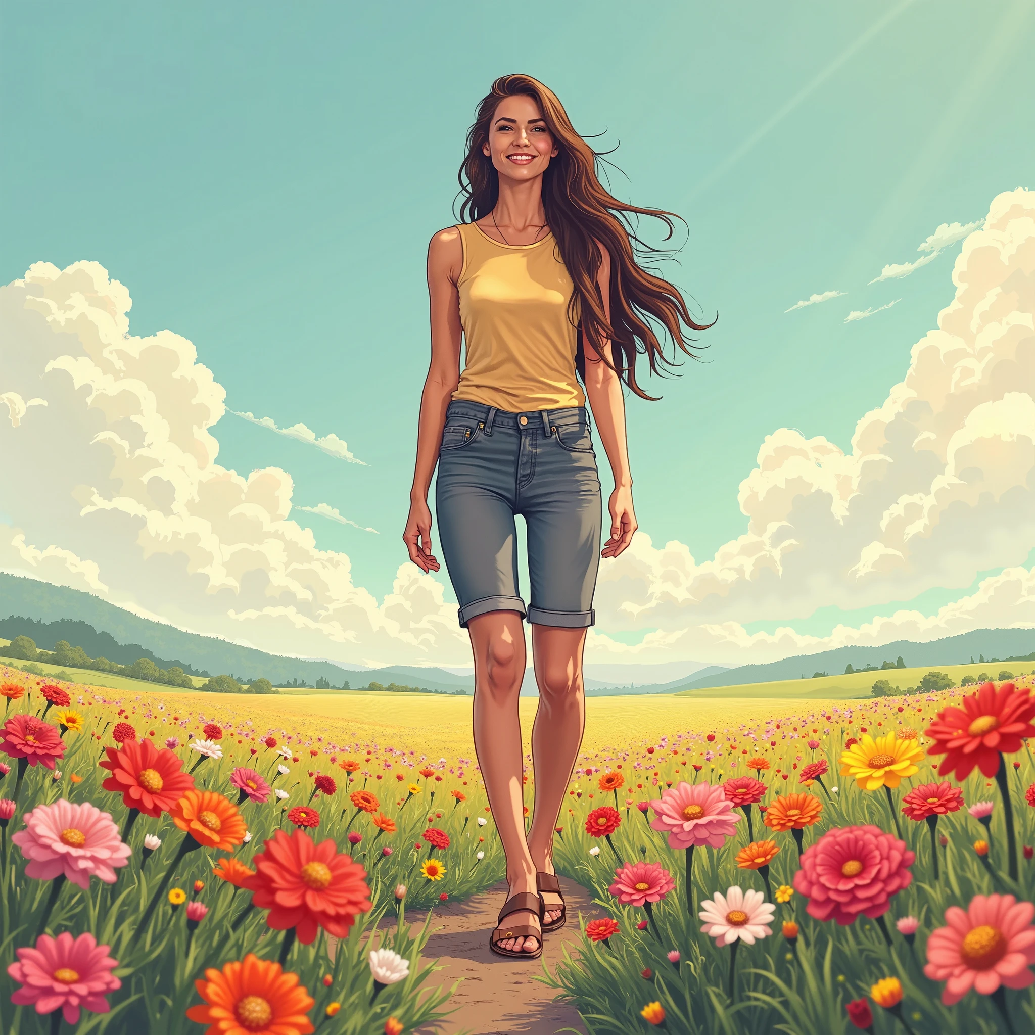 Oil painting of a  young woman wearing a thin pink t-shirt with a large chest. She has black hair, and thick lips. Smiling while holding beautiful flowers hanging from nearby trees. The young woman is visible up to her thighs. The painting is done with thick oil paint, rough brush strokes almost like sketches, and the edges of the canvas are still visible.