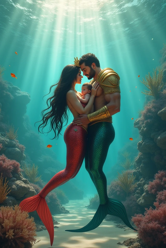 You can create a picture of BTS Jungkook pregnant, but he's a merman and behind him Taehyung is hugging him but he's human. They are both men 
