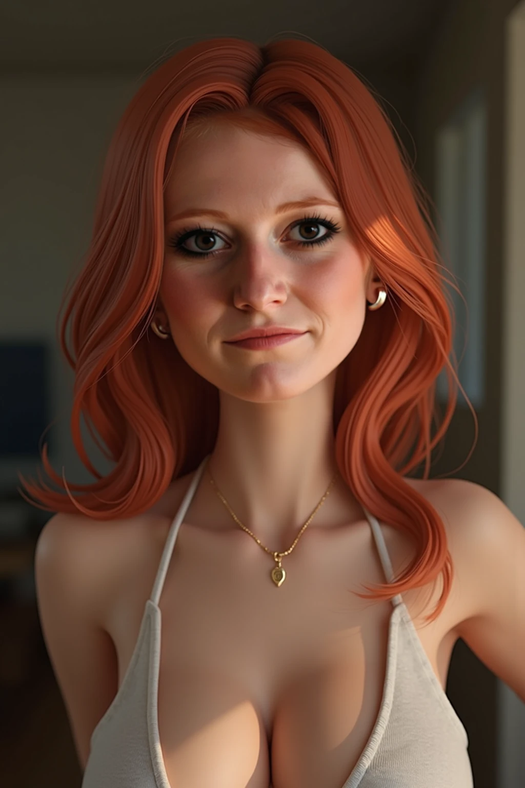 a closeup of a woman with red hair and a necklace, Photo of a model, quinn, She has long orange-brown hair., in drake, Molly Weasley, she has long orange hair, she has red hair, The Sims 4, vanessa ives, inspired by Lydia Field Emmet, a young redhead, cait miers