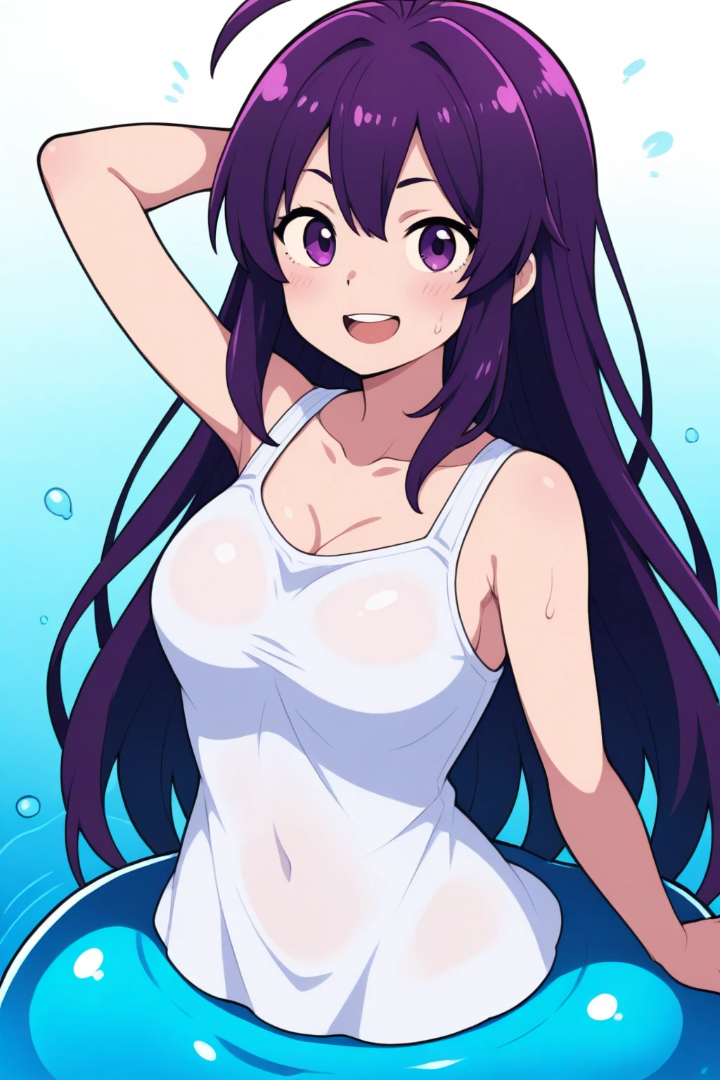 SK, 1girl, solo, portrait, looking at viewer, white ruffle bikini, white bikini skirt, sitting, drinking water bottle, sunny, beach, perfect quality, good quality, masterpiece, HDR, UHD <lora:Shoko Komi:0.8>
