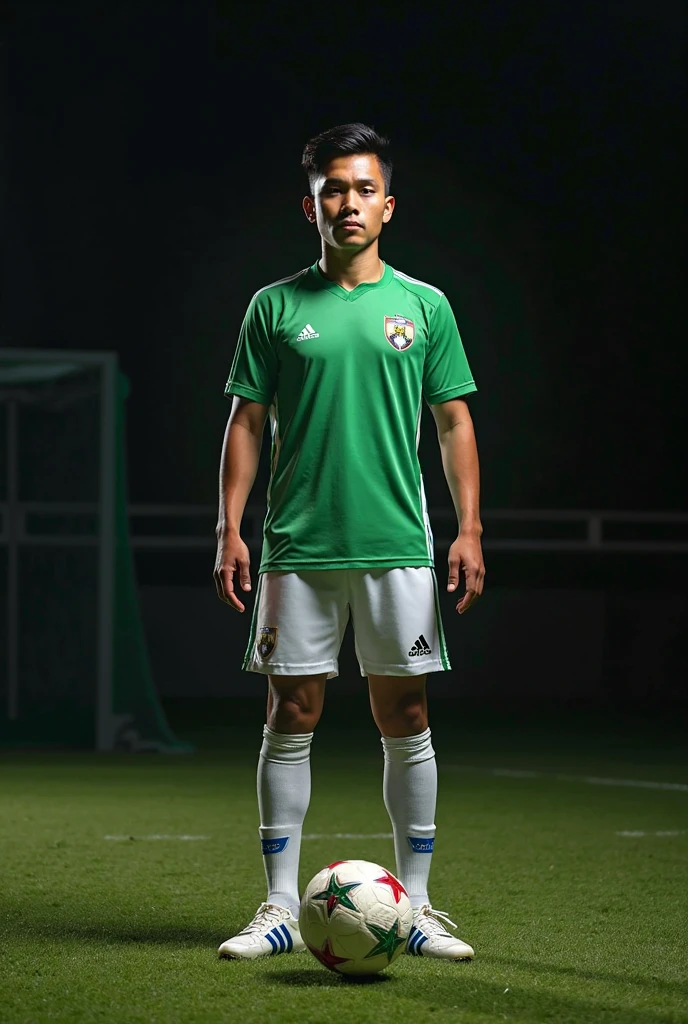 4D character of an Indonesian man, 45 years old, wearing an Argentina football Copa, standing upright, holding a ball in his hand, Green background, full HD