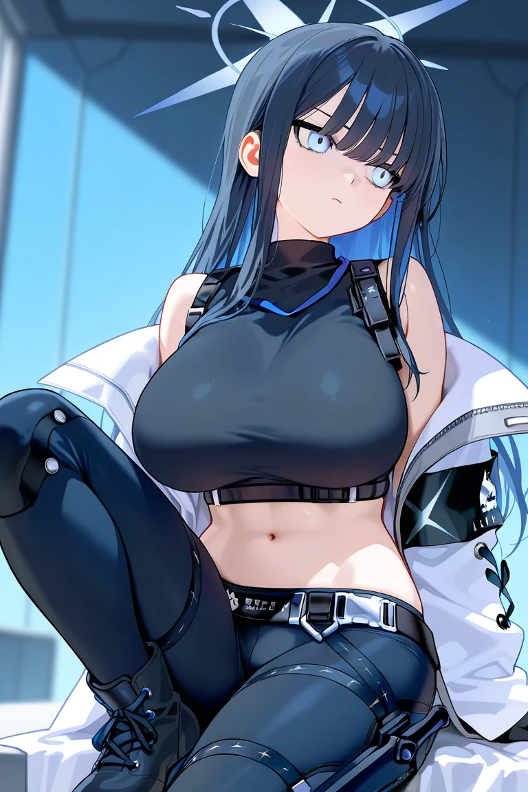 obra-prima, alto, alta qualidade, rosto detalhado, render corpo detalhado, 1girl, sozinho, hyuuga hinata, hinata-sleevless-outfit, middlebreasts, Small thorax, quadril largo, coxas grossas, top, barriga de fora, top, tampo da rede de pesca, Dark lips, no-bra, seios para fora, Dope, pernas grossas, standingn, de costas, Blushes, (no quarto), tight black legging pants