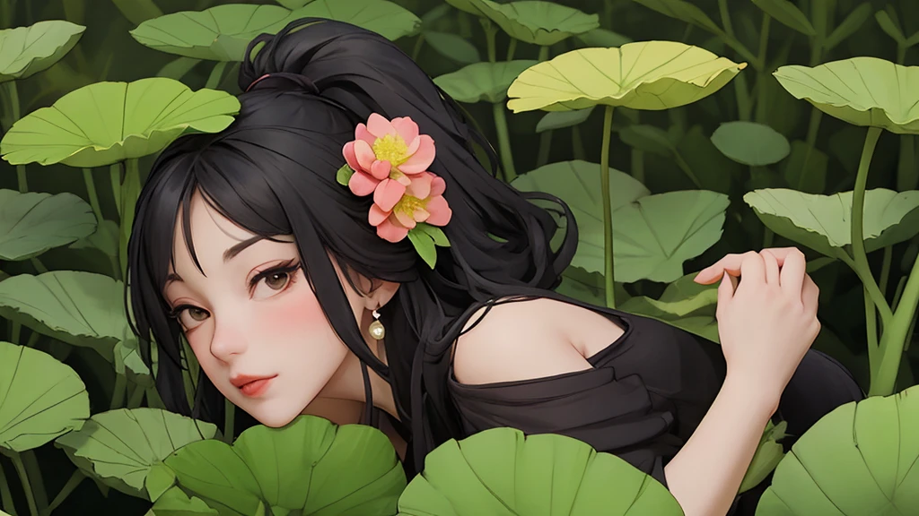 (((((1Young woman))), 独奏, the anime, ( Green eyes,), (black  hair), (((morena))), Nice face, ssmile, the perfect body, Wavy Hair, hairlong, , big breastes, clearly drawn face , Bright make-up, red-lips, Fingernails are painted, expressive eyes, ((tmasterpiece, beste-Qualit)), illustartion, ультра детализированная 8k, Photorealistic, sharp-focus, higly detailed, Professional lighting, (Designer dress with floral print, garden, Asters, chamomile, Dahlias, lily, roses, messy bun hair