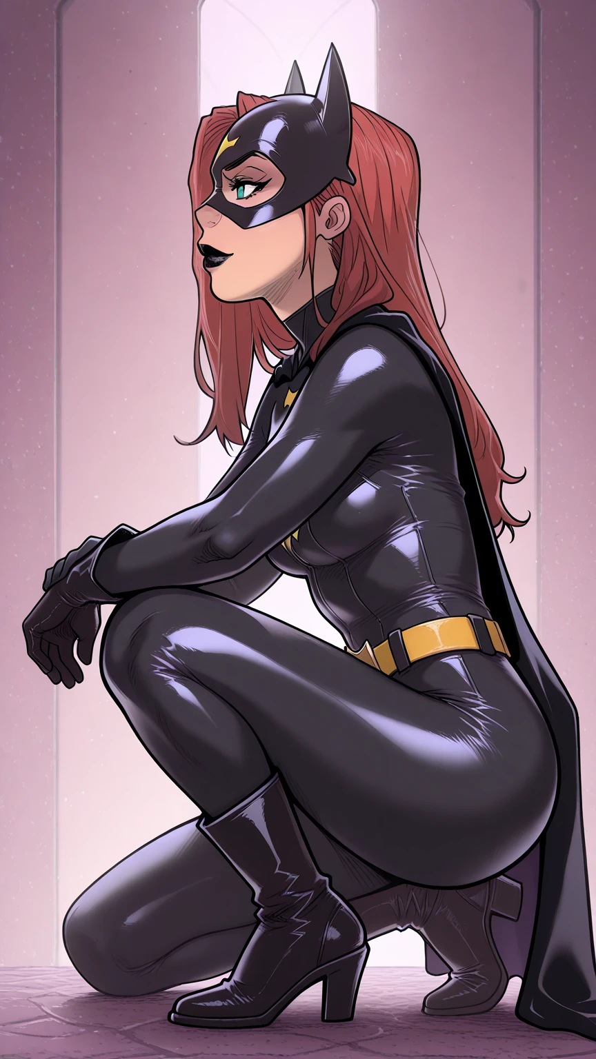 Slim young woman, full body, low legs, Legacy apartment, T-shirt, cleavage, navel showing, crotch showing, (wrinkles on leggins remarking the shape), crystal blue eyes, red hair , daylight, ((black spandex)) , yellow leather cloak,black latex costume and yellow boots high heels