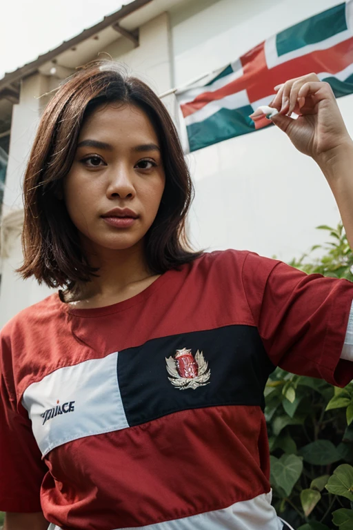 Draw a girl with a gray t-shirt,holding a pennant that reads the phrase Gigantes de Fe
