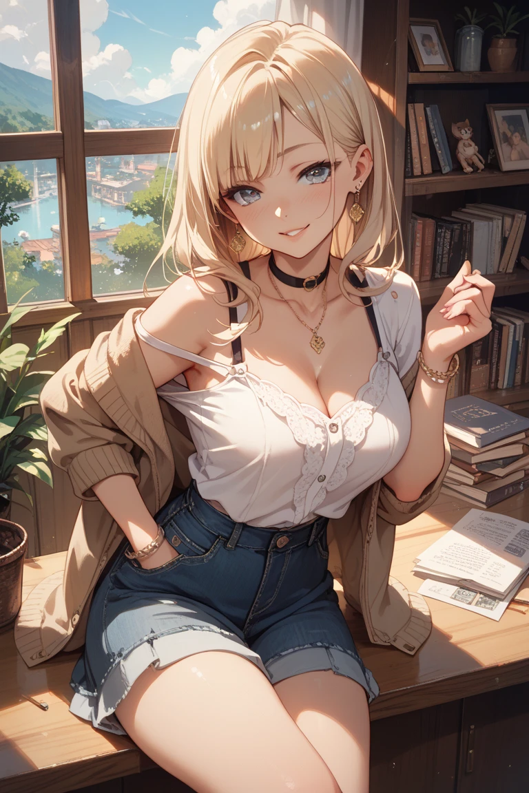 最high quality、Best image quality、masterpiece、With a girl((cute、16 years old、Best Bust、Medium Bust、Beautiful Blue Eyes、Spread your chest wide,Blonde、Slender、The best valley、Blue Tank Top、Blue trousers,Show the whole body、Blue Mesh,swim,smile))high quality、Beautiful art、background((summertime、large room、cooler、Fan、See-through curtains、White bed、A large number of books)),Tabletop、Exquisite design、Visual Arts、Depth of written boundary、Best lighting、Highest detail、8k
