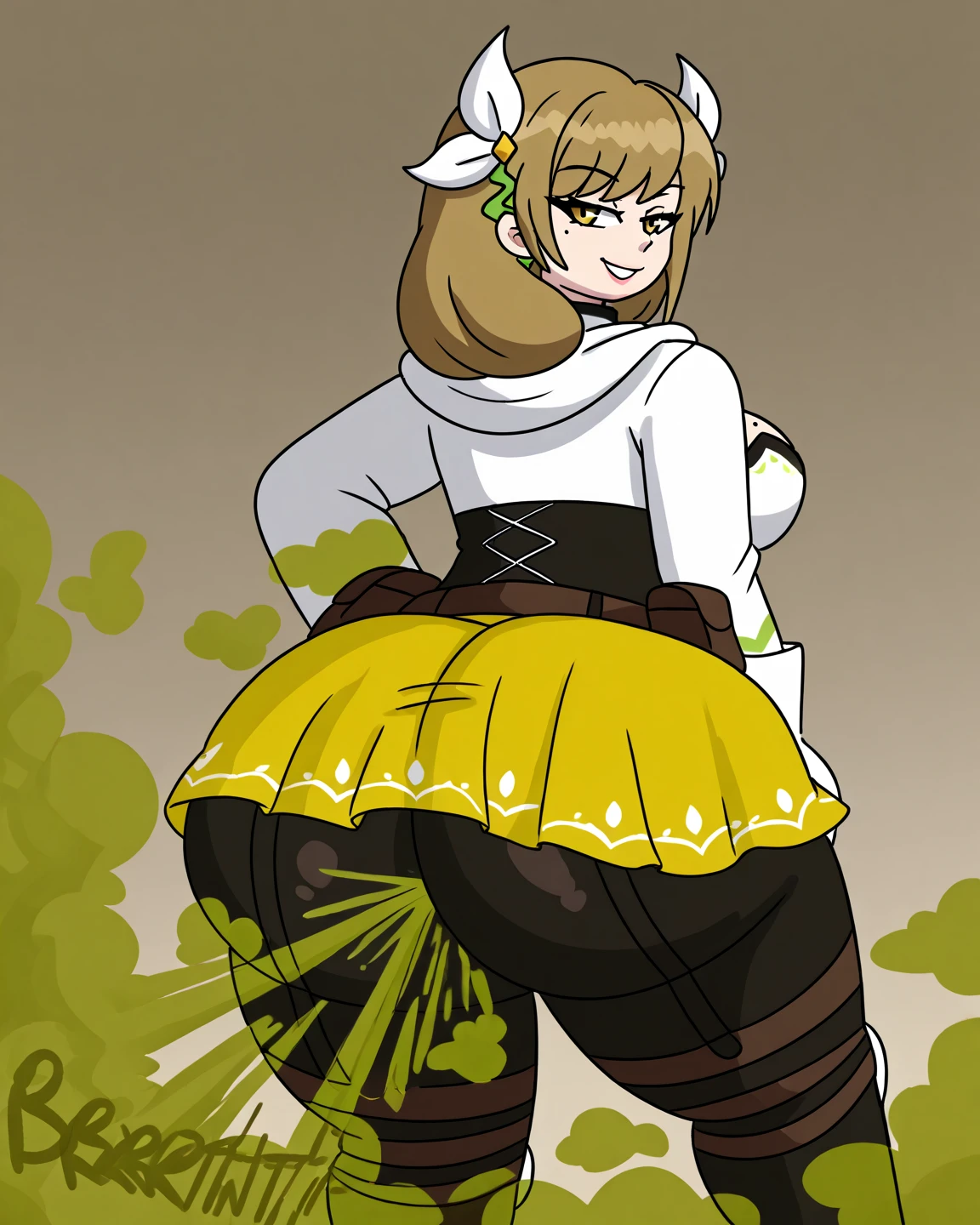 SatokoSchool, blonde hair, red eyes, hairband, sailor collar, yellow necktie, green dress, black pantyhose, fart, farting, yellow_smoke, butt, up skirt, fart coming from butt, flat chest, 10 years old,