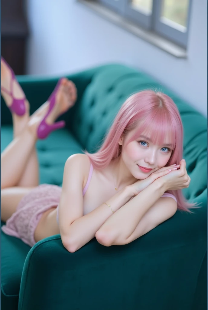 1girl,half-closed eyes,blush,heart-Shaped Pupils,pink hair,blue eyes,two side up,shoulder,bra,feet,(five toes1.5),five fingers,from below,feet focus,evil children