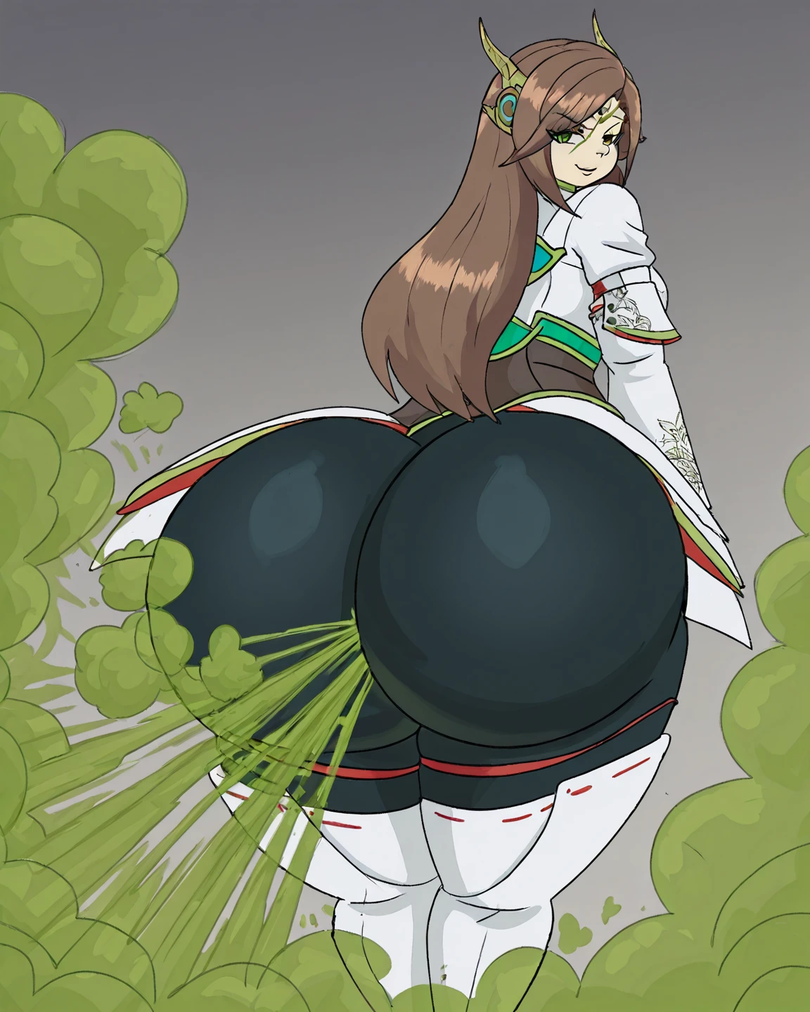 alexandria, green eyes, short hair/long hair, hair ornament/no headwear, circlet
xenoblade, long sleeve shirt, thigh boots, leggings, waist cape, breastplate, bracelet, Farting, fart cloud, ass visible from front, ass focus, looking at viewer, (((big ass))), sunniefunnie, sunniefunnie art style