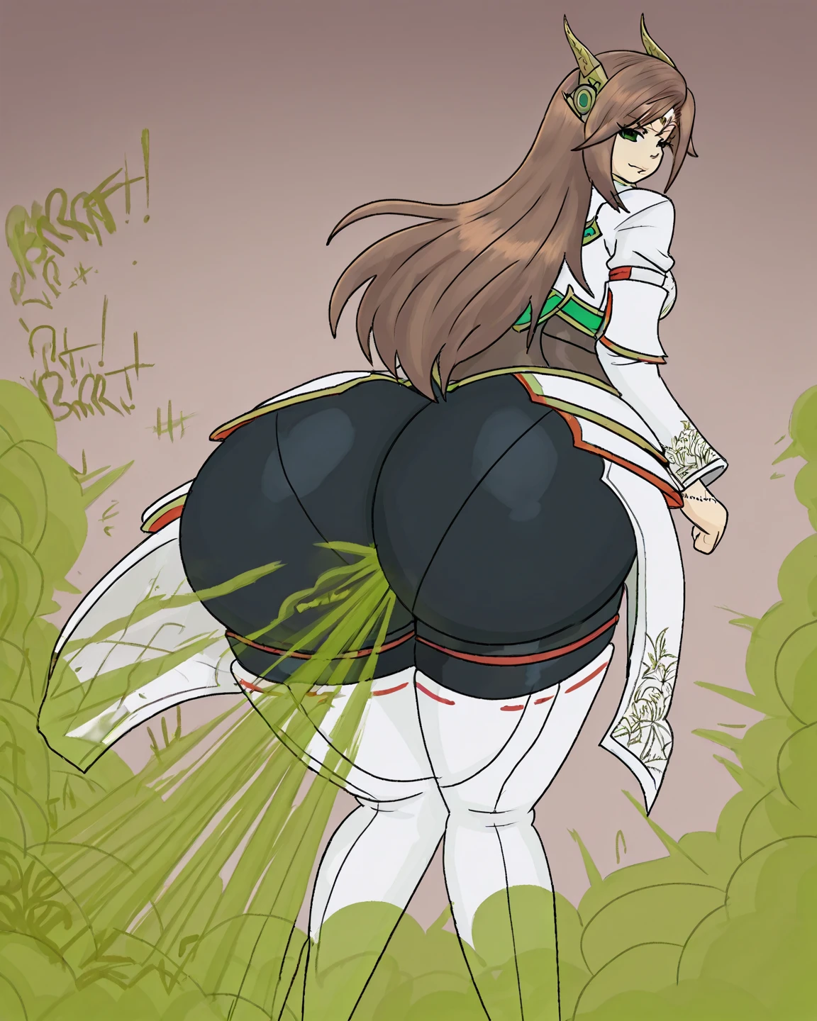 alexandria, green eyes, short hair/long hair, hair ornament/no headwear, circlet
xenoblade, long sleeve shirt, thigh boots, leggings, waist cape, breastplate, bracelet, Farting, fart cloud, ass visible from front, ass focus, looking at viewer, (((big ass))), sunniefunnie, sunniefunnie art style