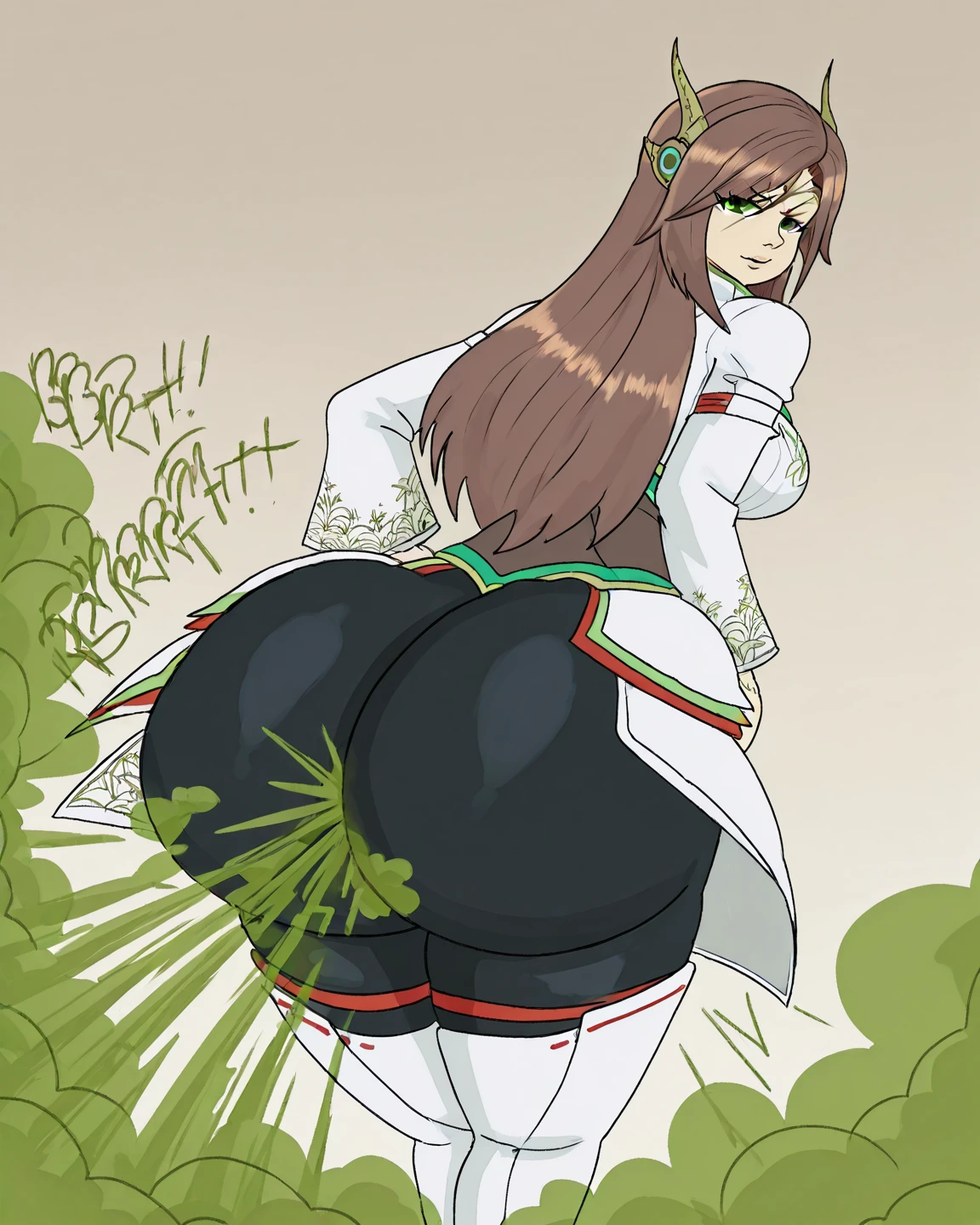 alexandria, green eyes, short hair/long hair, hair ornament/no headwear, circlet
xenoblade, long sleeve shirt, thigh boots, leggings, waist cape, breastplate, bracelet, Farting, fart cloud, ass visible from front, ass focus, looking at viewer, (((big ass))), sunniefunnie, sunniefunnie art style