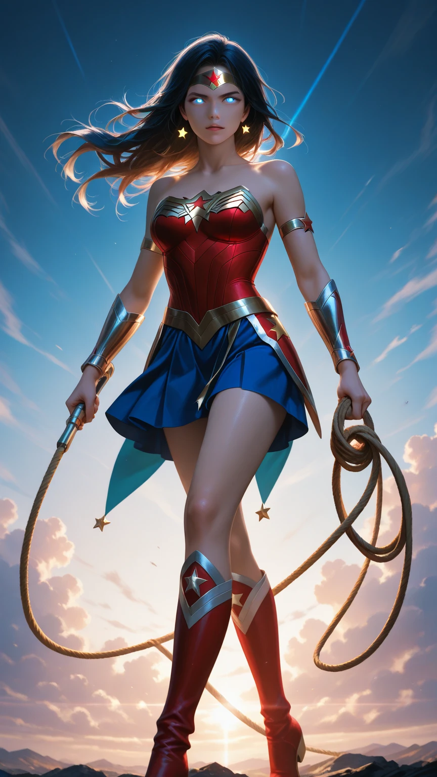 Wonder woman sobrevolando la ciudad, semidesnuda, traje iconico sexy espectacular con capa, logo de wonder woman en la capa, very sexy small clothes, ornate golden wristbands, botas rojas con dorado adornadas, el viento levanta su capa, joven, cuerpo muy delgado, super skynny body, small and beautiful buttocks, abdomen tonificado, I can see her beautiful and perfect small breasts, escote amplio, piernas hermosas, manos perfectas, intelligent, heroic, light particles surround your body, poder resplandeciente, obscena, super powerful, sensual, ella esta volando y observa la ciudad desde el cielo, metropolis city, se observa la luna grande en el fondo,mirada sensual, ojos hermosos,long hair, classic hairstyle,Hair dyed in bright blonde color, Best quality,8K,A high resolution,Masterpiece,Ultra detailed,Realistic, Photorealistic,photo realistic