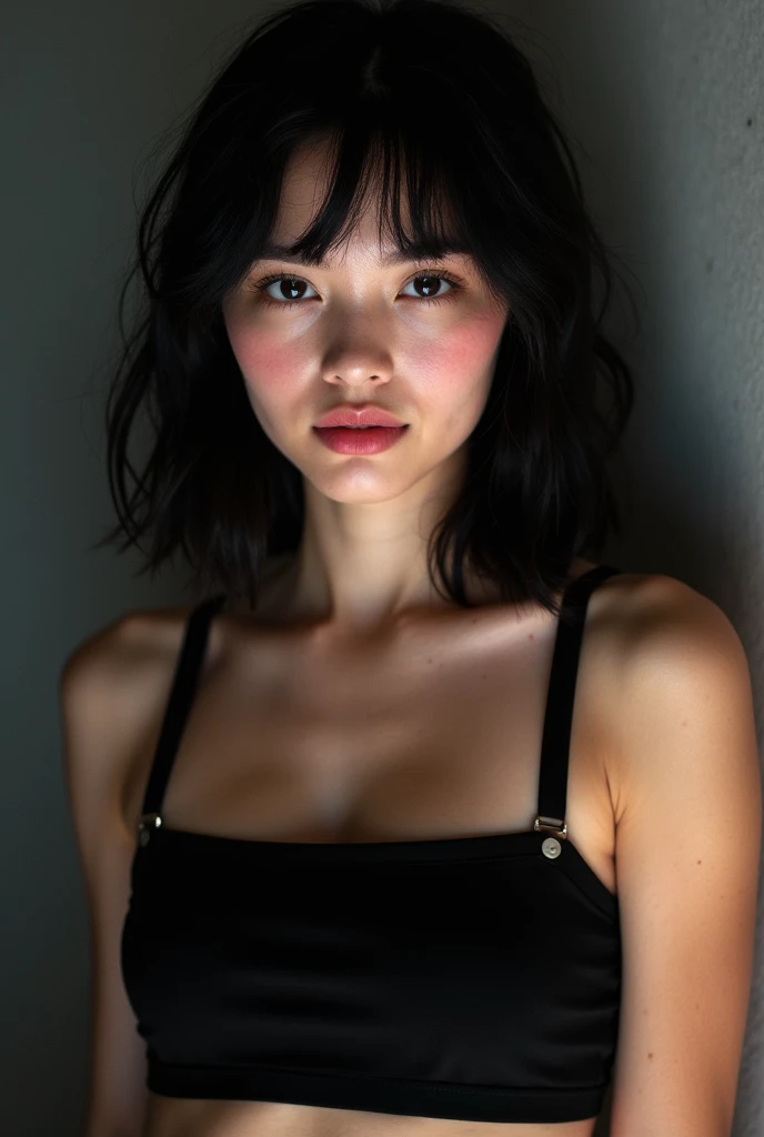 Best quality, masterpiece, ultra high res, (photorealistic:1.5), raw photo, 1 pinay girl, in the dark, deep shadow, low key, cold light, sexy look, short hair, ample cleavage