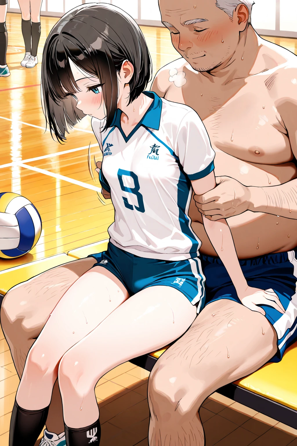 (masterpiece), best quality, expressive eyes, perfect face
score_9, score_8_up, score_7_up, 
1 girl, teenager, teenager girl, young girl, brown light hair, long hair:1.2, pale skin, glasses, round eyewear, shy, blushed, small breast, brown eyes, worried, lying, lying on back,pleated skirt, tennis uniform, tennis court, pink shoes,
hentai reverse suspended congress(sex position), spread legs, penis, testicles, sex from behind, reverse suspended congress, cum in body, naked, tennis court, black skinned male