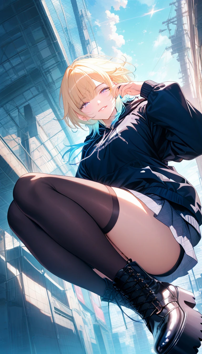 (2 legs only),(masterpiece、best quality、super detailed)、(beautiful and detailed face、super dense skin、beautiful skin)、high contrast、(very delicate and beautiful)、hyper detail、super dense skin、break 1 girl,break 16year old,gal,(tan:1.3), medium breasts、(short blonde hair,side twin tails), round face、clear blue eyes、Y-shirt、(cleavage)、plaid skirt、(Cardigan to wrap around the waist), (((black pantyhose))),((perfect pantyhose toe),break shiny hair、shiny skin、delicate line tail face、shining eyes、blush,throw、(looking at the viewer)、(standing,whole body:1.3)、classroom、(sitting in a chair)、(Oil:1.3)、(Sweat:1.3)、(embarrassing) ,attraction, ((stomp on the audience)),((from below:2)),(((wet dripping toes))),(pantyhose toe)