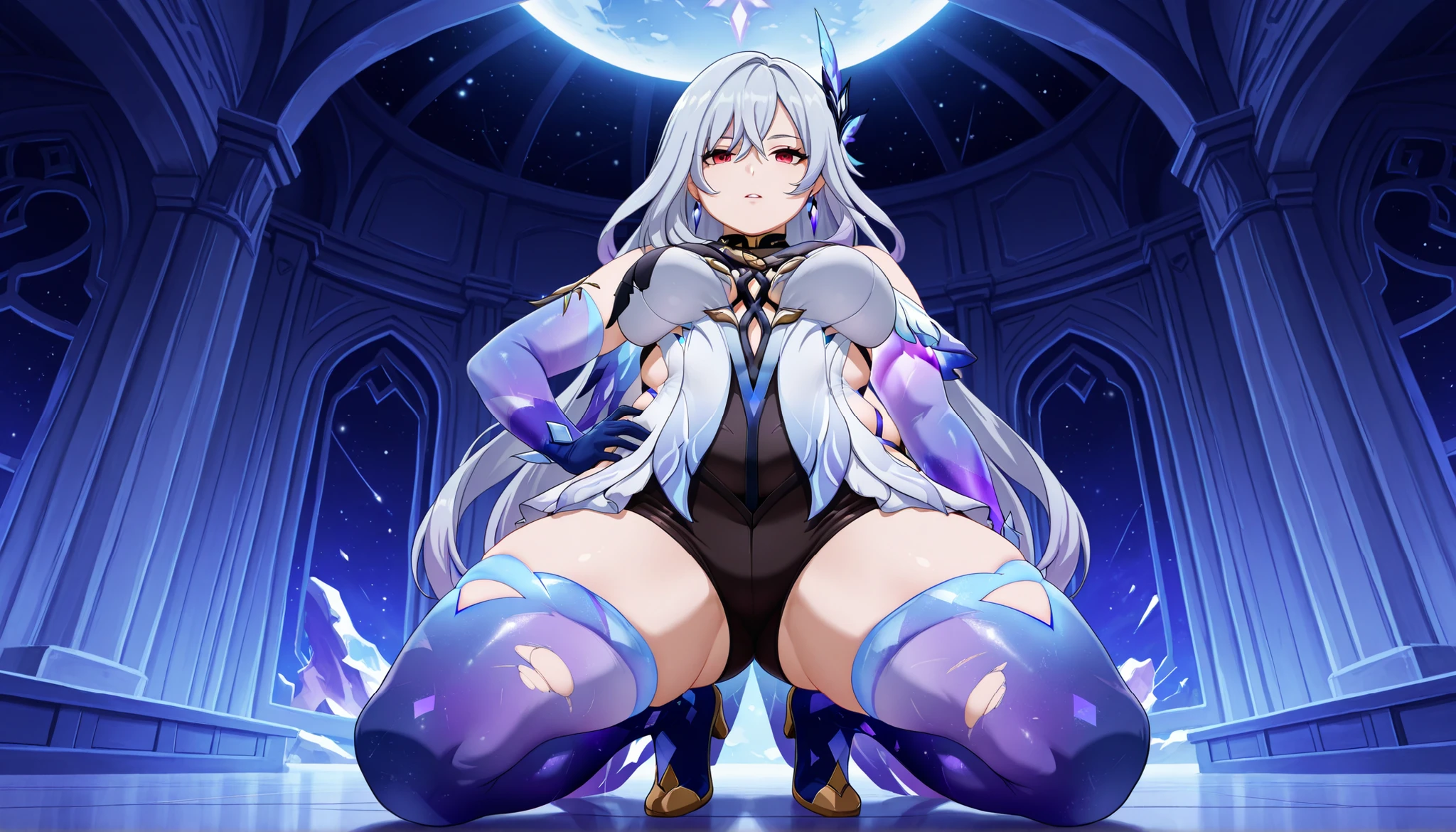 score_9, score_8_up, score_7_up, score_6_up, score_5_up, score_4_up, anime screencap, masterpiece, best quality,
1girl, solo, parted lips,
1girl, solo, mature female, skirk \(genshin impact\), genshin impact, 1girl, solo, breasts, long hair, gloves, thighhighs, looking at viewer, elbow gloves, hand on hip, bangs, hair ornament, jewelry, blue gloves, bare shoulders, grey hair, large breasts, earrings, thighs, blue thighhighs, purple eyes, very long hair, hair between eyes, torn clothes, leotard, dress, red eyes, defined legs , standing, closed mouth, black shorts, shorts, universe, event horizon masterpiece, best quality, very aesthetic, absurdres, extended upskirt, upshirt, inside clothes, underwear, aesthetic,
, (negative_v2 Color_Balance_Calibration:0.8), negativeXL_D, aidxlv05_neg, Stable_Yogis_Animetoon_Negatives, chubby, chubby girl, curvy, large breasts, squatting