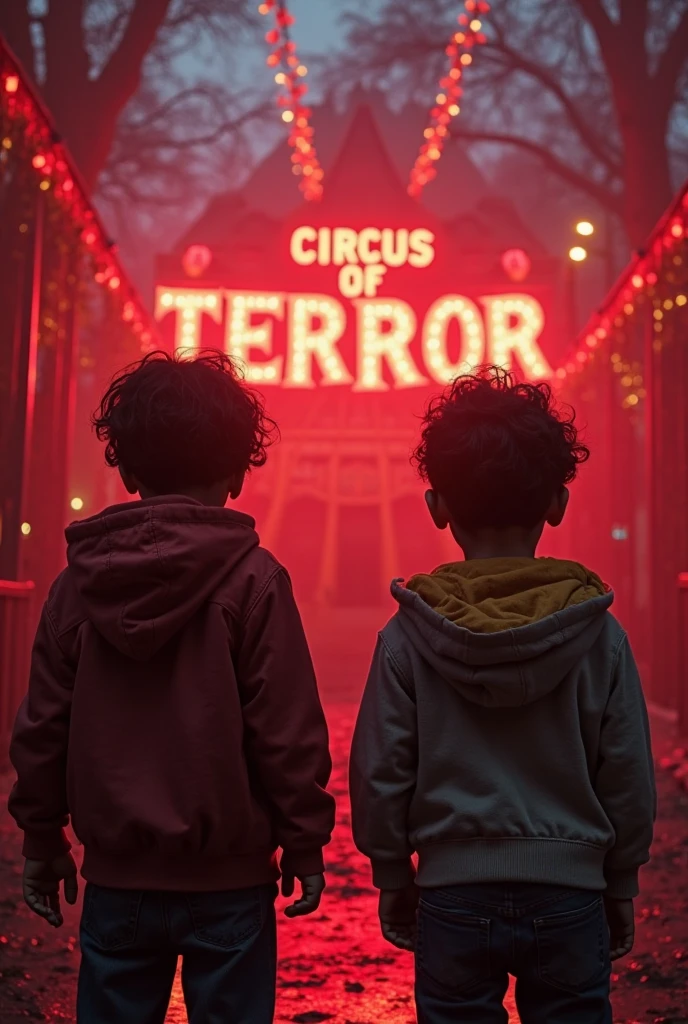 A trap album cover, with a circus in the background, with scared children coming out of it. They are armed, escrito childrens Circus

