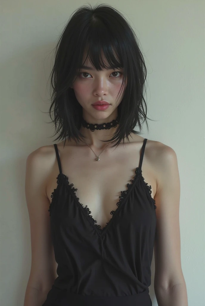 Japanese woman with black hair in dress, 1woman, solo, sundress, photorealistic, realism, realistic, human