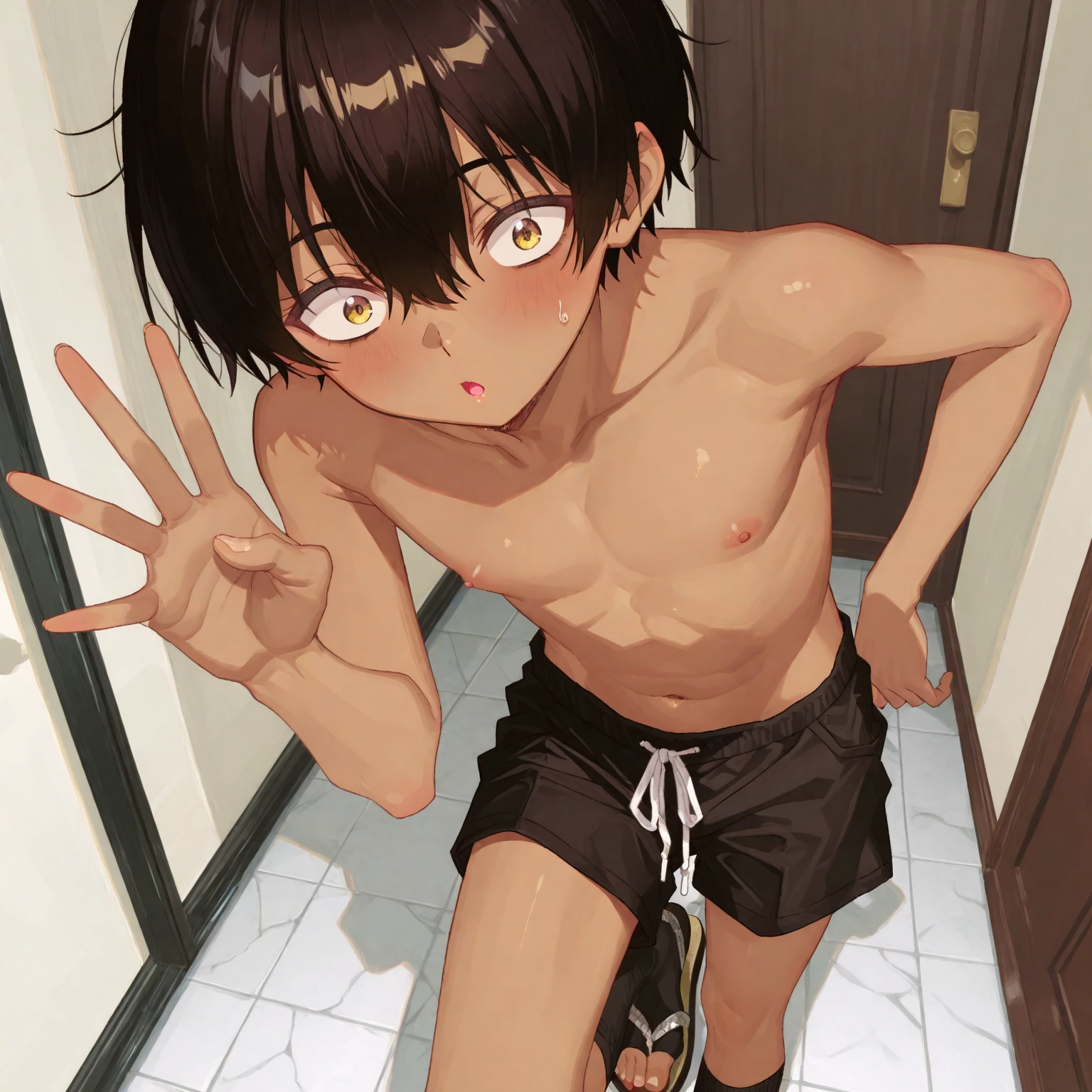 Anime man lying on the bed with goggles around his neck, at pixiv, top rated on pixiv, by :5 sexy: 7, zerochan, pixiv, by Shingei, by Shitao, whole body!, Makoto Kano, Asuka&#39;s suit under clothes!, handsome anime pose, muscular!!, Zerochan Art, anime boy,Ecchi style