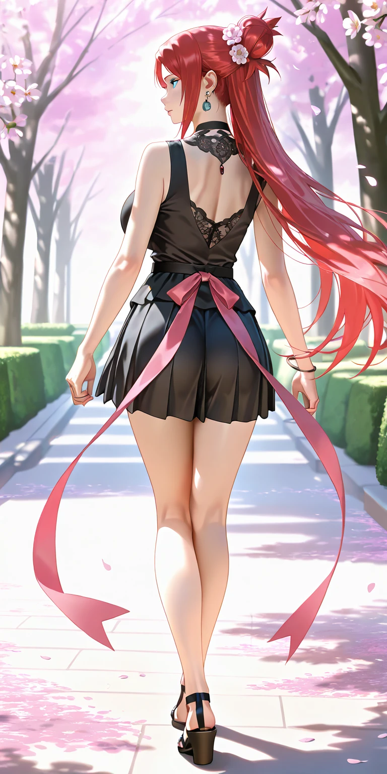 masterpiece, best quality, 1girl,haruno sakura, pink hair, short hair, green eyes, bike shorts, black gloves, sleeveless, bandages, looking back, view from behind, full body, standing, blue sky, cloud, hidden village