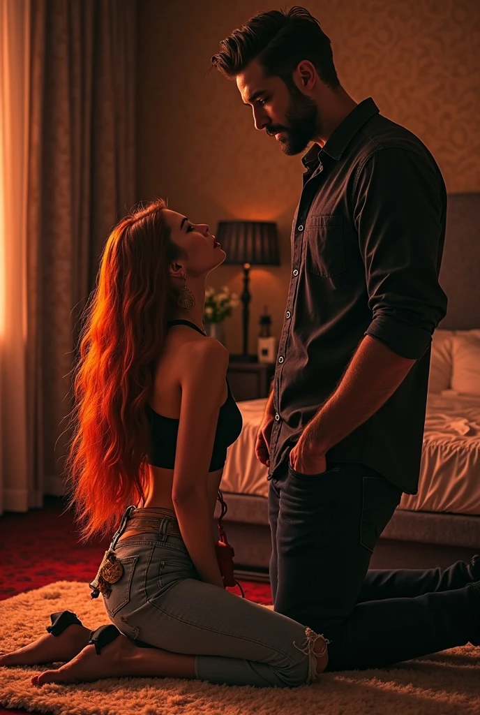 209 cm tall, 29-year-old, muscular attractive man with black short layered swept back wavy crew cut hair, short black facial hair, shirtless, Mediterranean-Native American features, black cargo pants, hip shot, kissing much shorter woman on her knees leaning up to reach his lips, she has very pale skin and wavy vibrant maroon hair wearing white off shoulder sweater and lavender shorts, arms around her back as he sits on the edge of a dark fur covered bed in an underground basement with dark wood panel in low lighting, photorealistic, cinematic