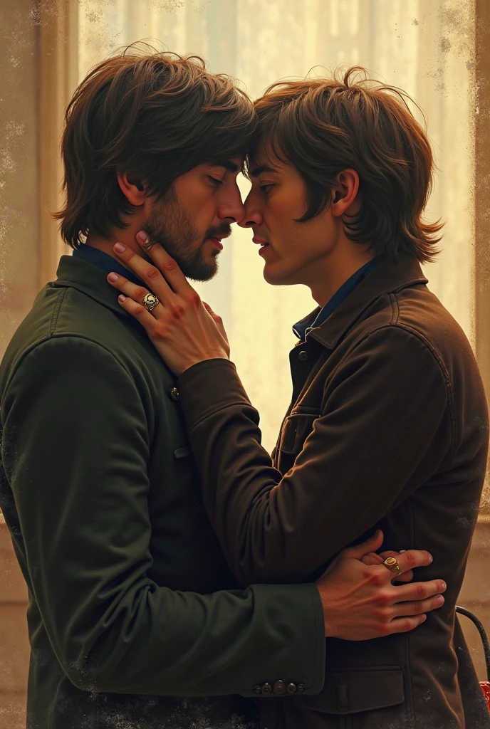 paul mccartney and john lennon kissing, john grabbing paul's waist who look a lot like john lennon and paul mccartney when they had their moptop hairstyles