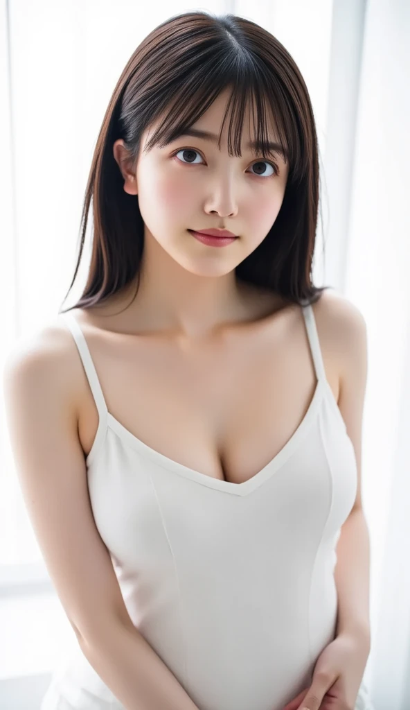 from outside, Lens 135mm f1.8,(Best Quality),(masutepiece:1.1), (Beautiful 14 year old girl),japanaese girl, Cute face, ((flat chest)), (Small breasts), (Chiseled face:0.7), (hitornfreckles:0.6), Cute lips, Dappled sunlight, Dramatic Lighting, (((thighsから上の写真:1.4)))、((まっすぐAre standing))、(緑 Sports Bra)、((thighs))、 Not NSFW、cute_smile, 詳細な顔、詳細な目、解剖学的に正確な身体、