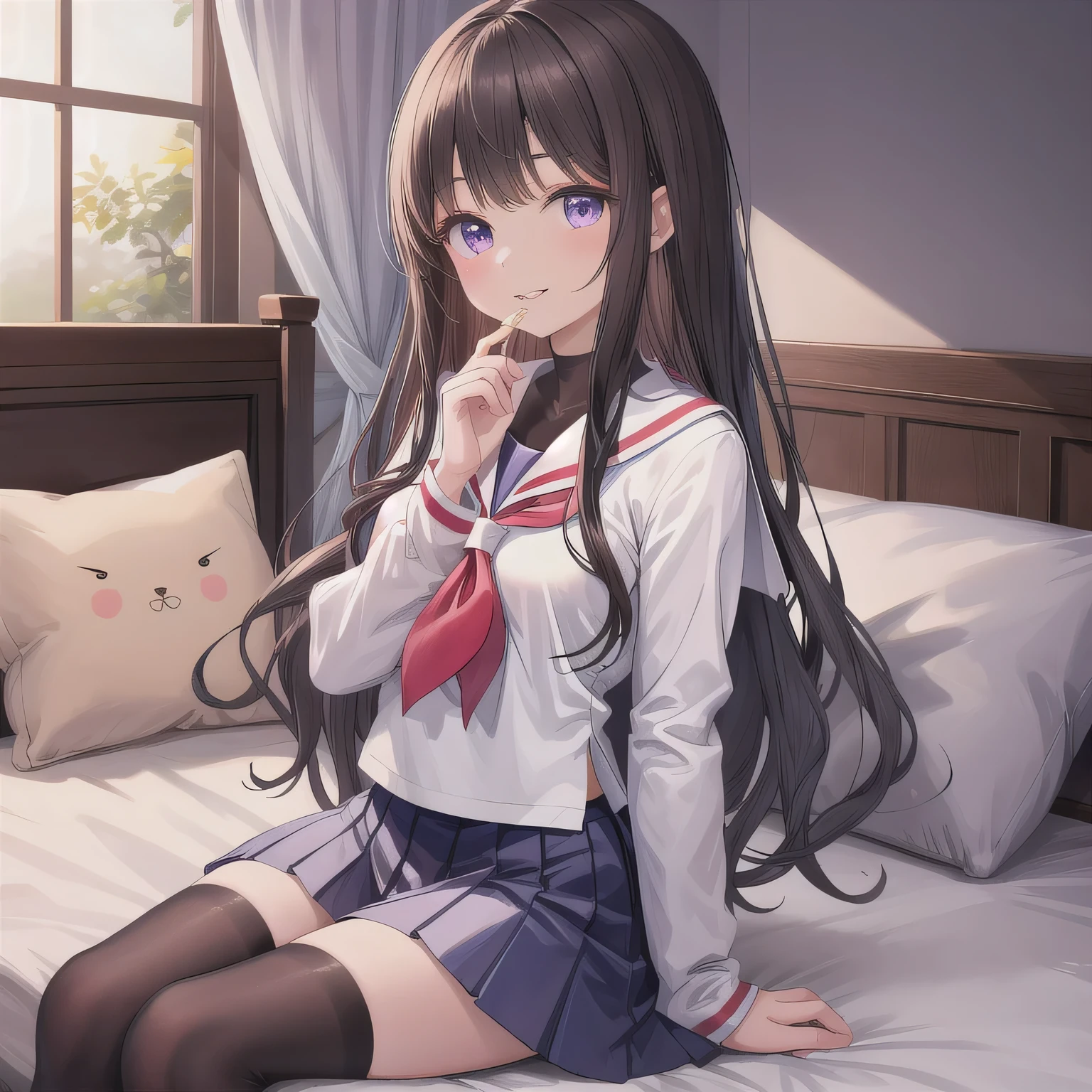 A cute girl wearing a Japanese schoolgirl sailor uniform. She is sitting on a bed in a cozy, plush-filled girl's bedroom. Her hands are lightly clasped in front of her mouth, as if holding something invisible. Her expression is dreamy and happy, with slightly parted lips, giving the impression she's about to take a bite of something delicious, though no food is shown. long hair, dark hair, purple eyes.