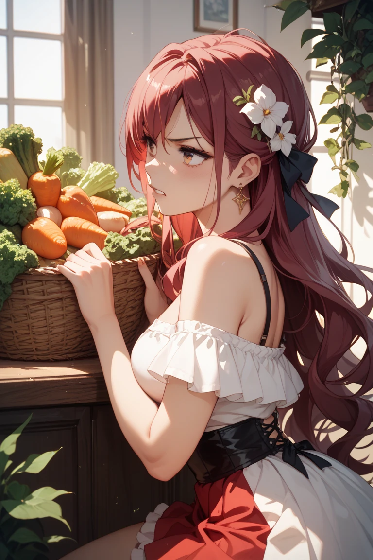 (masterpiece), (4k), )vivid colors), (evening light) 38 year old ginger haired green eyed woman with freckles dressed as a housewife in a white dress