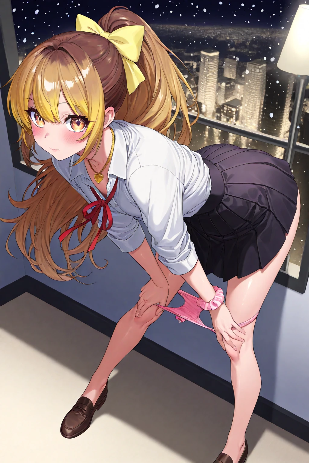 (masterpiece, best quality), lens flare, 1girl, female focus, classroom, solo, desk, indoors, shirt, school desk, golden hair, white shirt, chair, window, collared shirt, school uniform, standing, long hair, grown, long sleeves, pink panties