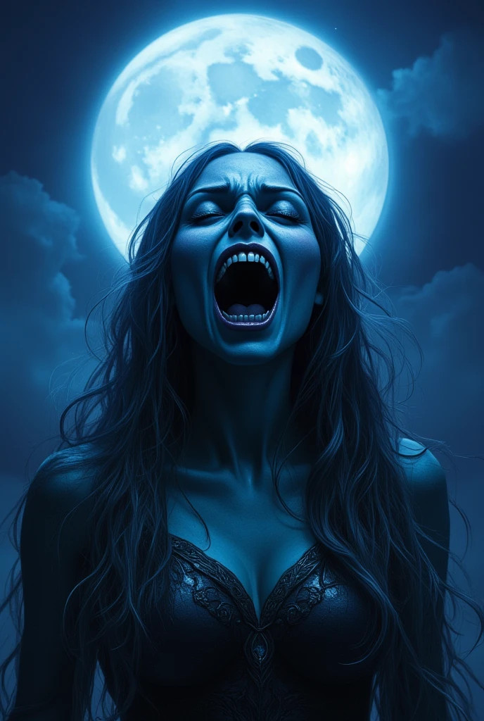 A nightmare mindscape, madness revealed in her grin, piercing eyes, coalescing mists swirl with phantom spirits, her sexual mouth is open up wide.