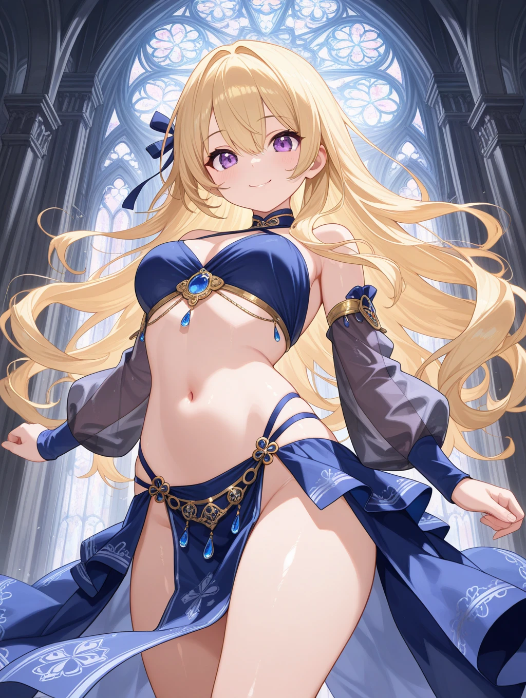 young girl, longue blonde hair, violet eyes, Blue dancer's dress, open breasts, open belly, Sleeveless, tattoo, hands behind head, Smile, A veil covers the face, Masterpiece, hiquality, 4k, HD, Good detail