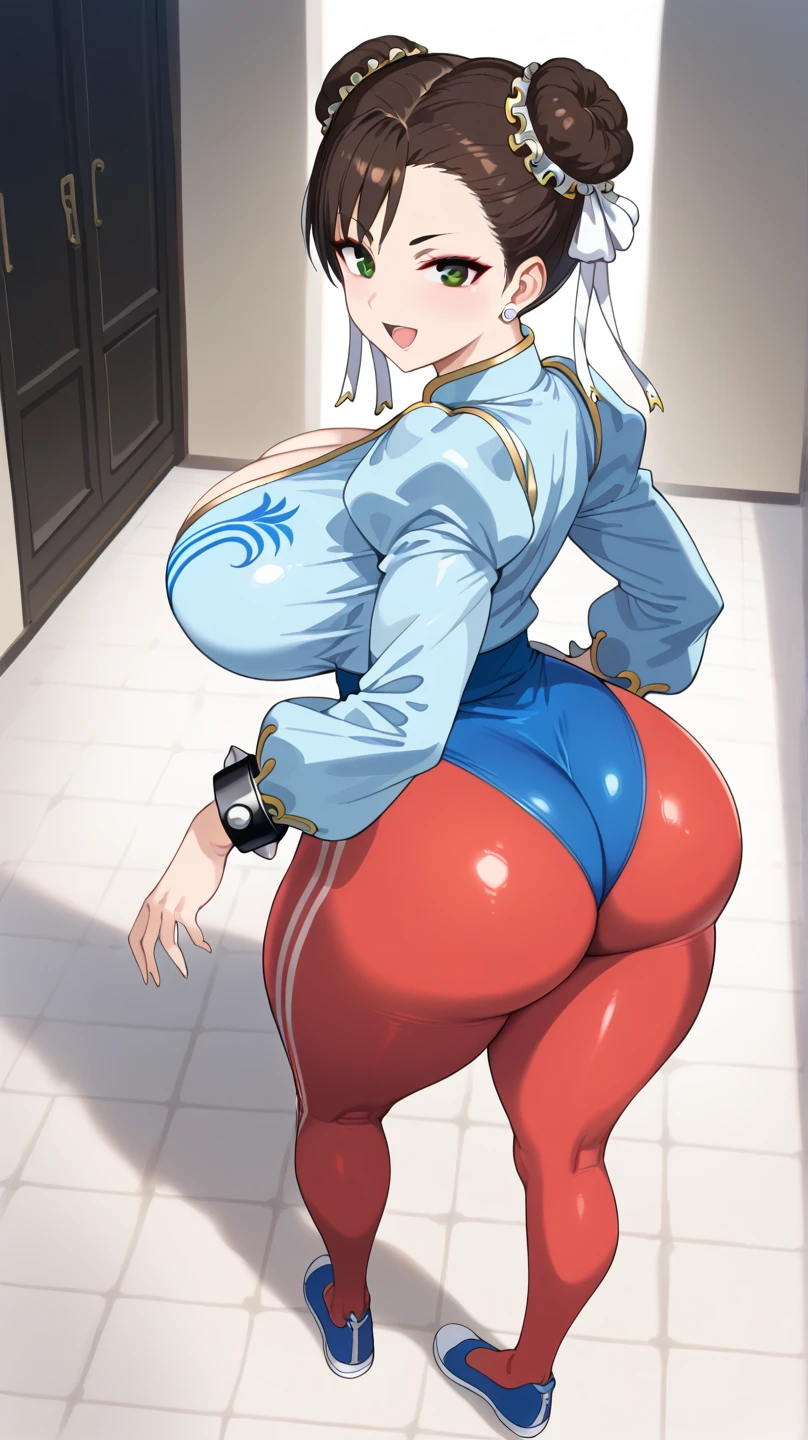 1woman, tanned skin, short white hair, muscular, (wearing embroidered robe), from behind pov, (extremely wide hips)
