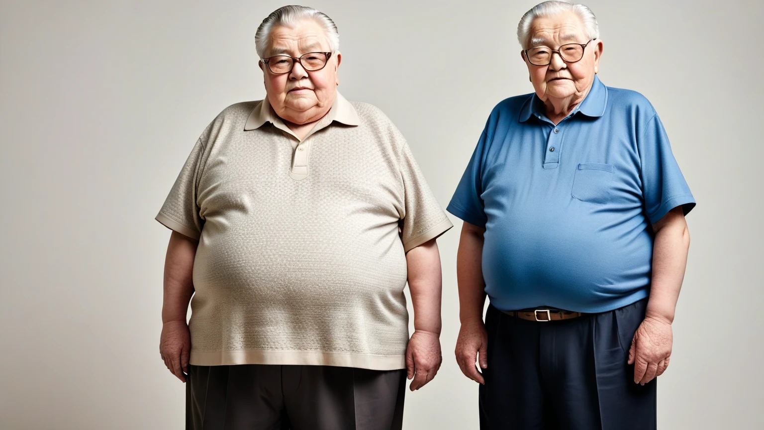 2 Vietnamese grandfathers with gray hair, mature face, a thick mustache, a short chin beard, bear body, wearing a massive bulging gray jockstraps stand in library, have belly, big muscular chest, a sexy pose, show underwear.
