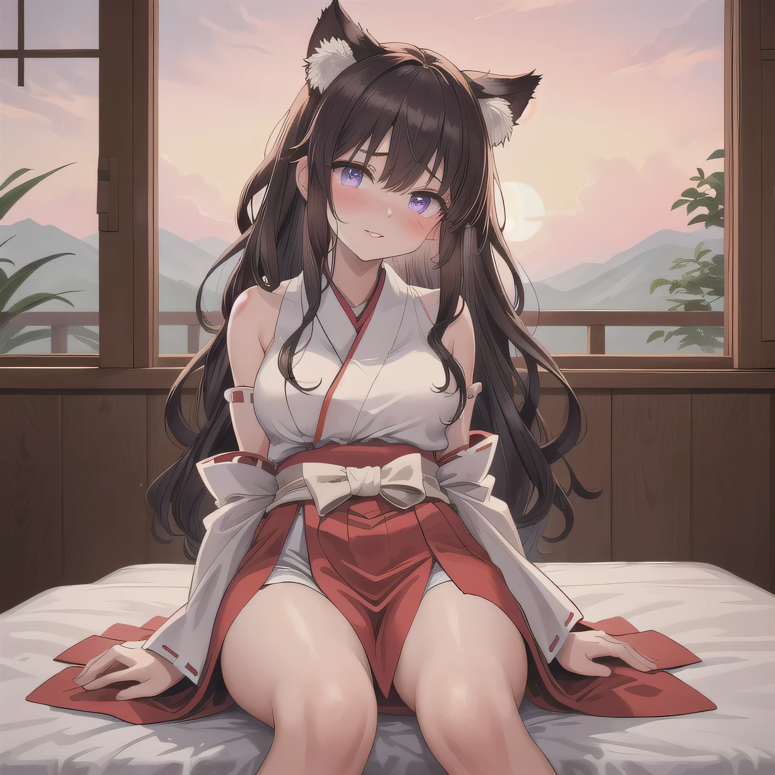 portrait of a beautiful girl with translucent skin and softly expressive eyes, gentle blush, subtly glowing gradient hair, delicate emotional line art with soft shadows, evoking a melancholic and enchanting mood. She is wearing a traditional red and white Japanese shrine maiden outfit (miko attire), sitting on the edge of a simple bed in a modest Japanese business hotel room. On the table nearby is a moist hand towel. She leans slightly forward, holding both hands playfully in front of her mouth, as if imagining holding something big and delightful. Her lips are softly parted, and she has a cheeky and flirtatious expression. No food or objects are being held. long hair, dark hair, purple eyes.