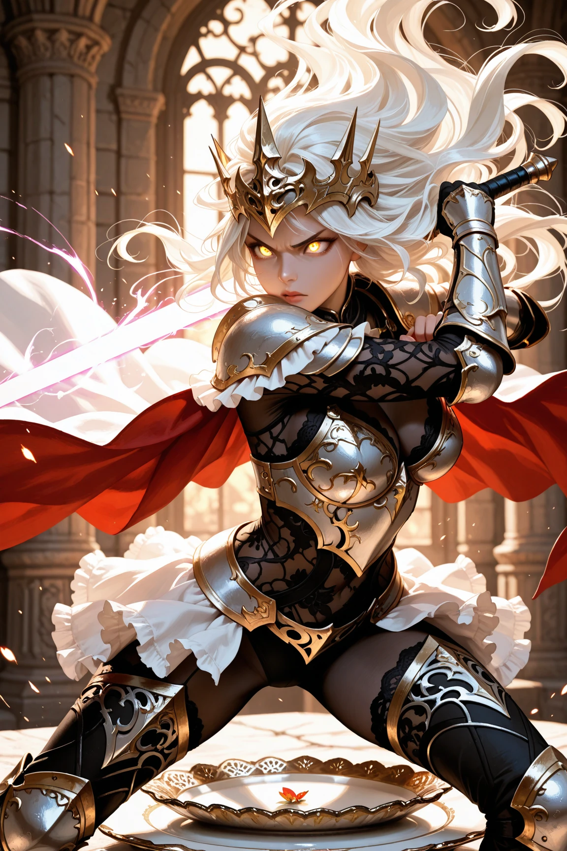NSFW,ファンタジー風の全身鎧を身にまとったwoman, Only the eyes were exposed、A fully enclosed helmet designed to resemble a crown, Composite Layered Chest Plate, Fully covered shoulder and hand guards, Lightweight waist armor, Close-fitting shin guards, The overall design is sturdy yet flexible, ((The armor is shiny gold, Accented with red and blue accents)), Gives off a noble aura, She floats above a fantastical, surreal, high-tech city, This character is、It embodies a hero wearing fantasy surreal style armor elaborately crafted in anime style.。, Exquisite and mature cartoon art style, (A mix of Queen Bee and Spider concept armor, plasma, Blood), ((element, energy, elegant, goddess, woman:1.5)), metallic, High resolution, Highest quality, High resolution, Super detailed, Ultra-fine painting, Very delicate, Professional, Anatomically correct, Symmetrical face, Highly detailed eyes and face, High quality eyes, creativity, RAW Photos, 超High resolution, 32k, Natural light, Cinema Lighting, masterpiece-anatomy-perfect, masterpiece:1.5
