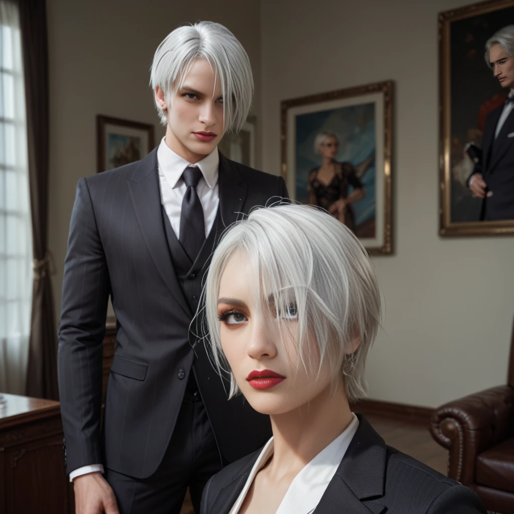 ah high, Dark-haired guy, suntan,Dressed in a black turtleneck and light-colored jeans, Standing next to the high, Serious, white-haired girl, Dressed in a black top, dark gray jeans and black high boots