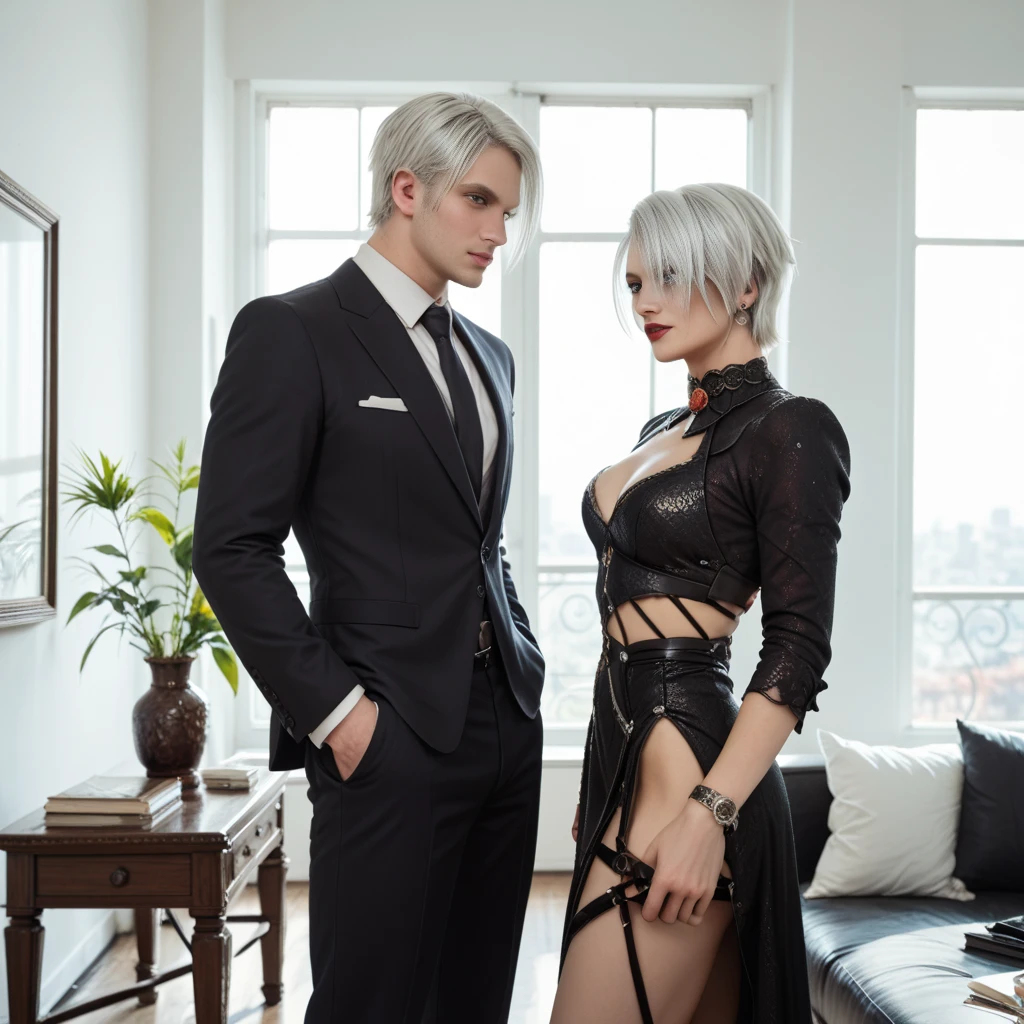Whitehair,fellatio,penis,kneeling, jacket,bare breasts,