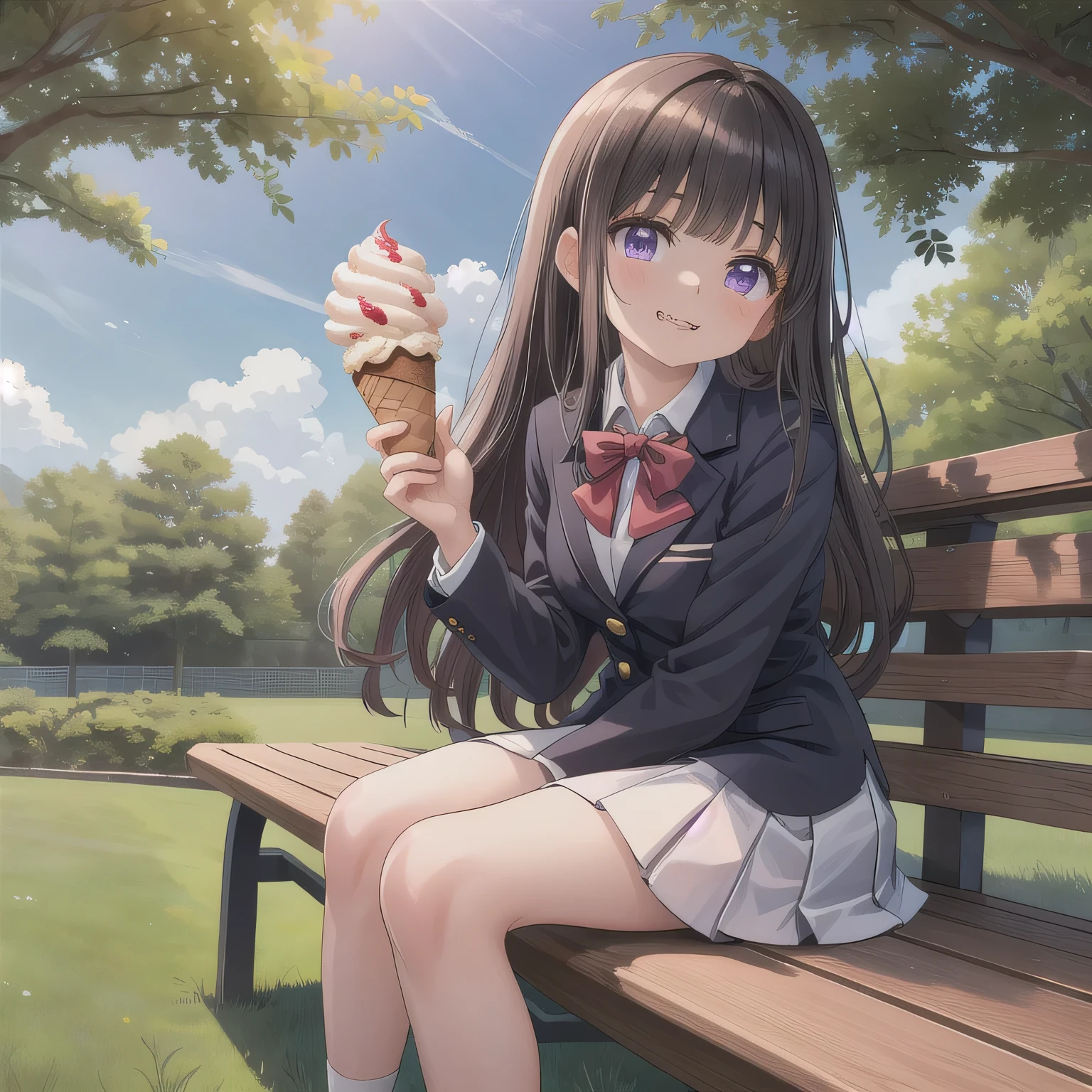 A cute anime-style high school girl wearing a neat Japanese blazer school uniform. She is sitting on a wooden park bench under the clear daytime sky. The girl is holding a rectangular ice cream bar with both hands, firmly yet delicately, and biting it gently with her lips. Her pose shows her leaning forward slightly. The ice cream bar is horizontal and held close to her mouth with both hands, clearly visible. Her eyes sparkle with joy, and her soft smile shows her delight. Green trees and soft shadows add to the peaceful, summery atmosphere. long hair, dark hair, purple eyes.