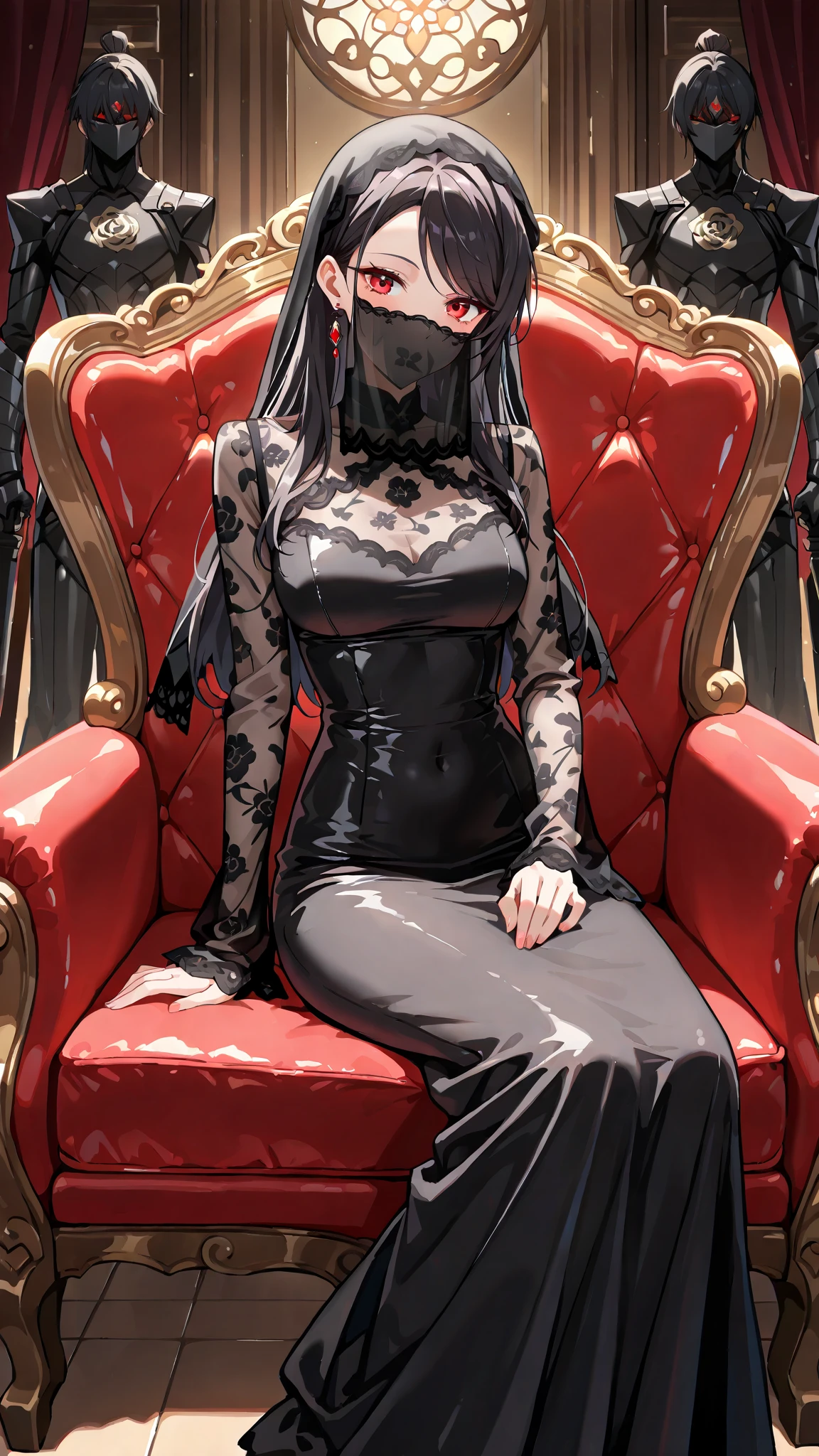 A beautiful mature milf woman with long black hair and black eyes wearing a gothic outfit and sitting on a throne with a seductive simrk on her lips