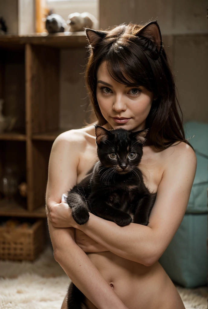 beautiful brunette girl wearing cat cosplay costume looking cute posing half naked