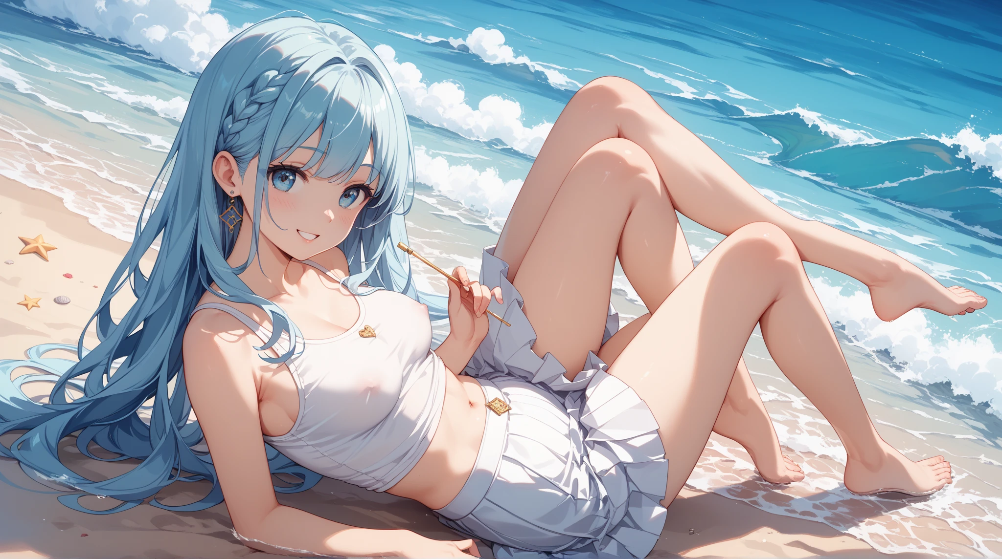 A cute white shirt that makes her look beautiful 、Unbuttoned white shirt、Blue 3/4 Cup Bra、Light blue frilled flared skirt、She holds up her skirt with both hands、Showing off her cute white underwear、The white underwear you can see when you lift up your skirt is cute、Sandy Beach, Beautiful sea, Night and starry sky