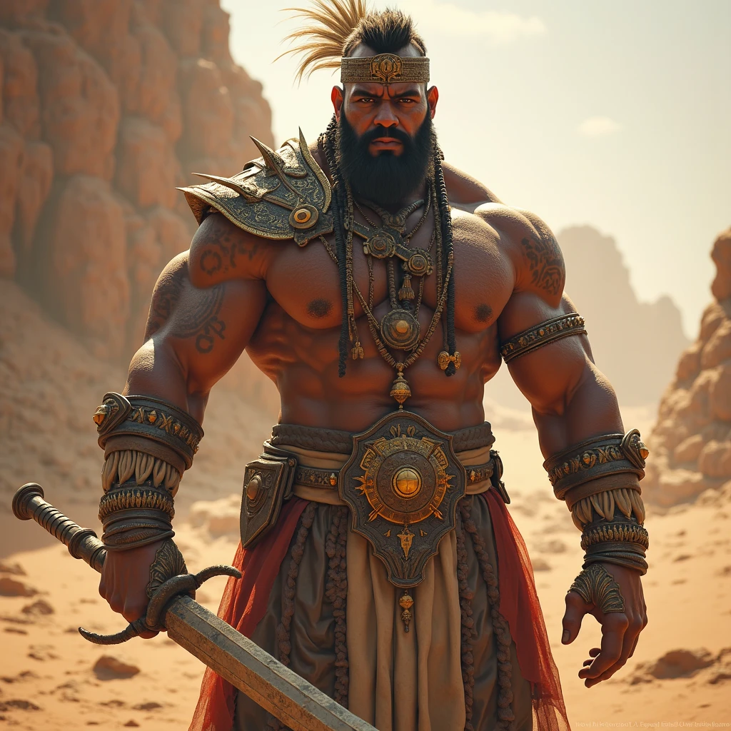 Hyperrealistic image of a full body Superhero Caliph with many jewels and bracelets with a bare torso very sweaty extremely over 80 years old very muscular and fat over 200 kg African American with a bare torso large flabby pecs with a huge turban decorated with huge jewels brown nipples very long gray hair and big gray mustaches with huge tattooed arms in an oasis in the Sahara desert inside a lagoon 
