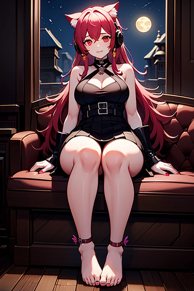 (high quality:1.2), masterpiece, ultra high quality, intricate detailed, digital art, TakashiroHiroko, 1girl, mature female, solo, hand on lips, crossed legs, dangling one shoe, seductive, tanned skin tone, full body shot, looking at viewer, smile, blush, purple eyes, long hair, red hair, long earrings, jewelry, velvet choker collar, lace off shoulder black crop top, white ruffle micro mini skirt, black ballerina flat shoes, red eyeshadow, curvy, large breasts, cleavage, gothic apartment, window, dark sky, sunlight, city, complex background, sunset, (Best quality, Ultra-detailed, Anime Pictures, Game CG, art cg, Photorealistic, Movie lighting, perfect shadow, realistic lighting shaded, Unity 8k wallpaper), Hiroko Takashiro, Perfect eyes, Perfect face, vulgarity, nose blush,view the viewer,Sexy pose,sit on chair,