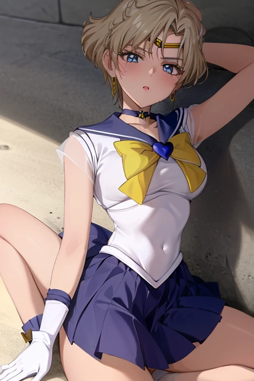 NSFW Sailor Uranus, Kizuki Eye,, Big and ample breasts, Aqua Eye, Blonde, Sailor Warrior Uniforms, Sailor collar, Chest Bow, Yellow ribbon, Attractive skirt, White elbow gloves, Bedroom, (Nice:1.2),Shirtless and staring at the viewer, Erect nipples、Showing panties、Ultra mini skirt、Micro Panties、(Dynamic pose:1.2)、(Downから見る:1.2)、Camel Toe.Between the legs、belly button、Spread your legs.(Browsing Caution:1.2)、(Down :1.2)、Between the legsフォーカス、Dynamic Angle ((topless))++ 綺麗なBedroom Night view ( Sex, sexual intercourse, Insert, Hetero, Motion Lines, Motion Blur, Talking Spirit:1.1), (Lying, Lying on your back, bed,Subjective:1.1)(cum on body / bukkake projectile cum excessive cum))