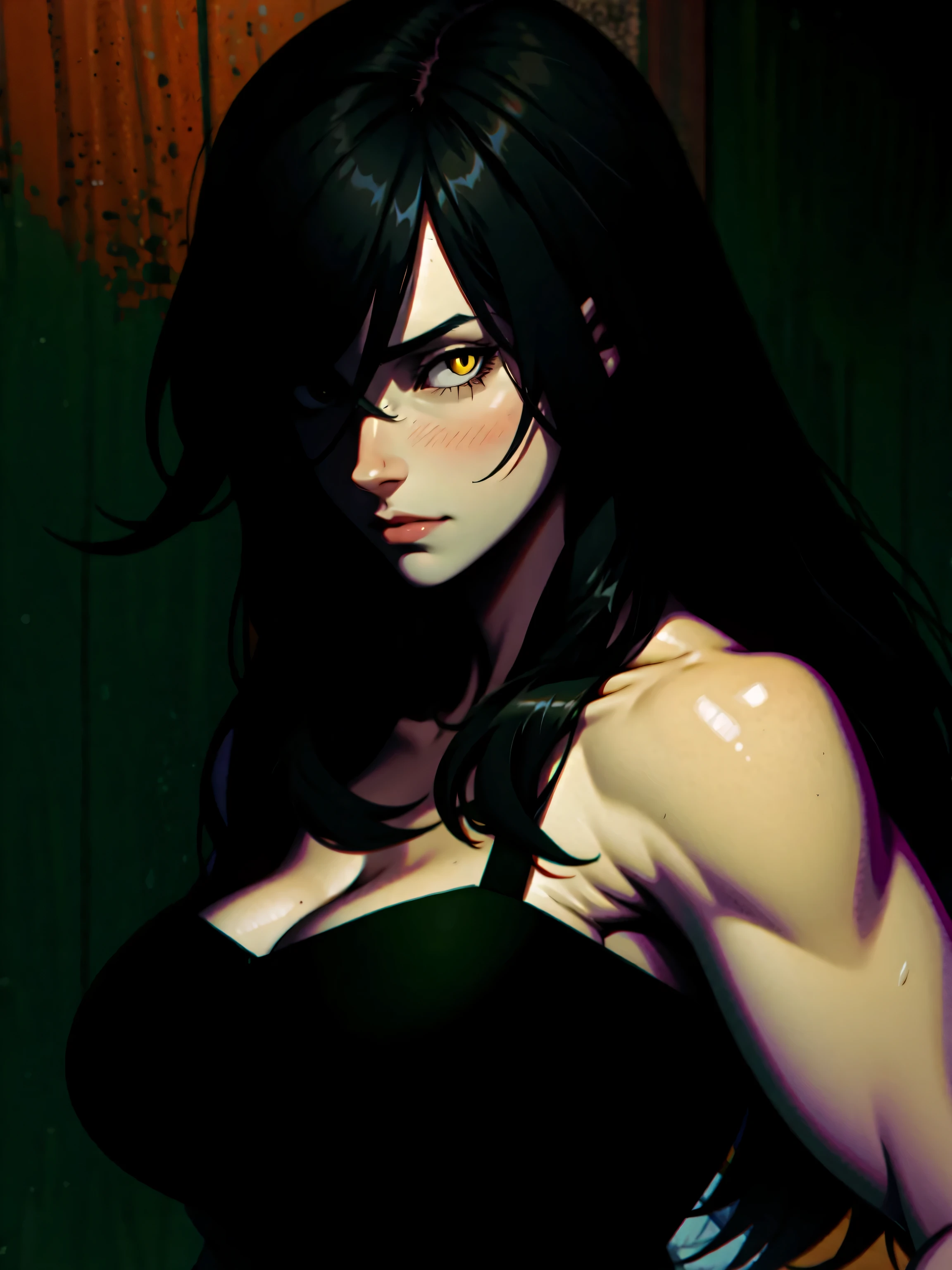 pale skin solo 1 girl black hair yellow eyes angry very long hair huge breasts bodybuilder dark atmosphere black lipstick close up black eyeshadow