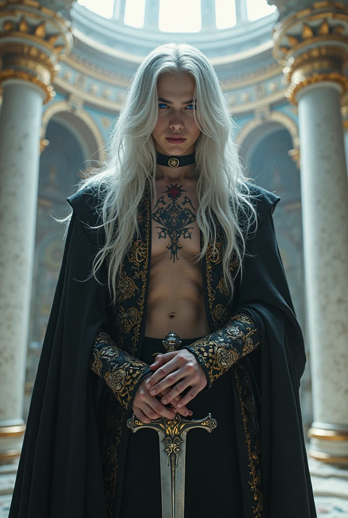 Young Man around 17, ((( red + black outfit), snake jewelry and horns, long sleeves, wide sleeves, , embroidery, long skirt, North Prince outfit, long flowing white hair, detailed face, detailed green beautiful eyes, (intricate:1.3), (arcane aura:1.2), (dreamlike:1.3), (subtle mist:1.1),(vibrant colors:1.2), (detailed hair:1.3), (ultra realistic details:1.5),( she look like hell from North mythology)