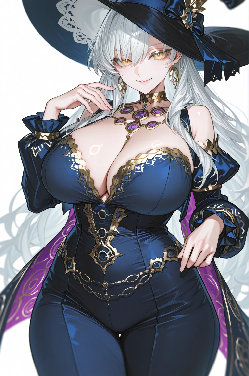 In a Final Fantasy style illustration. A powerful sorceress invokes the powers of thunder. She is very beautiful and wears a knee-length dress with straps and ruffles, heels and a pointed hat. She is in a strange place of ancient buildings half buried by the jungle. gold, silver, iridescent. ((Perfect face)) HD. (Best quality) ((big breasts))